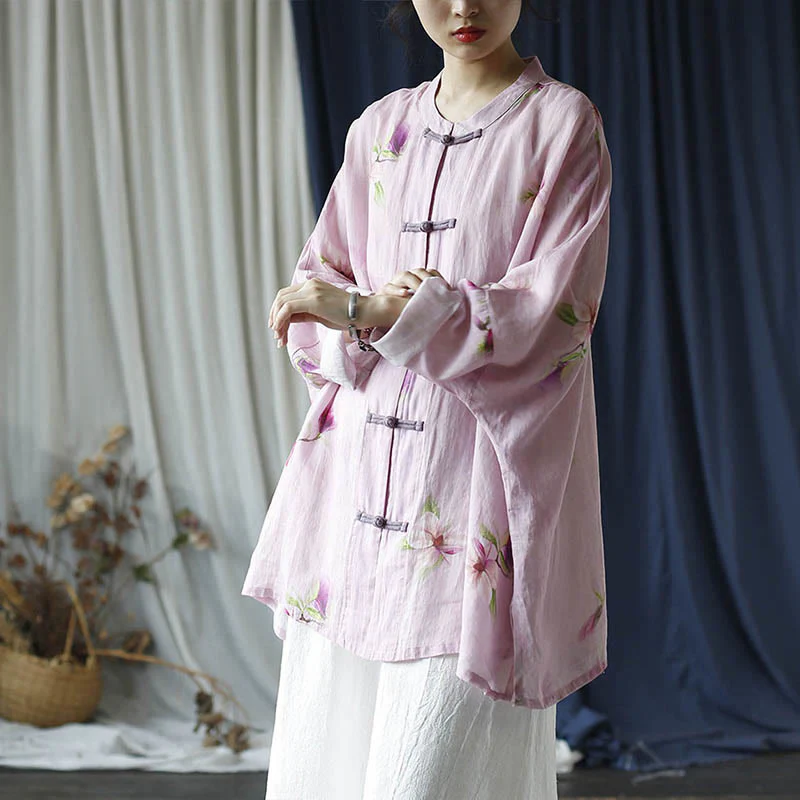 Camicia da giacca in lino ramiè a maniche lunghe con stampa a fiori rosa Buddha Stones Frog-button Design Batwing - Image 38