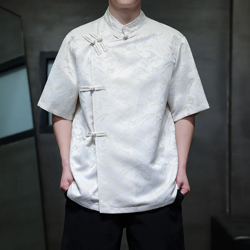 Camicia da uomo a maniche corte in cotone con bottoni cinesi e motivo a rana, motivo Buddha Stones Summer Mountain