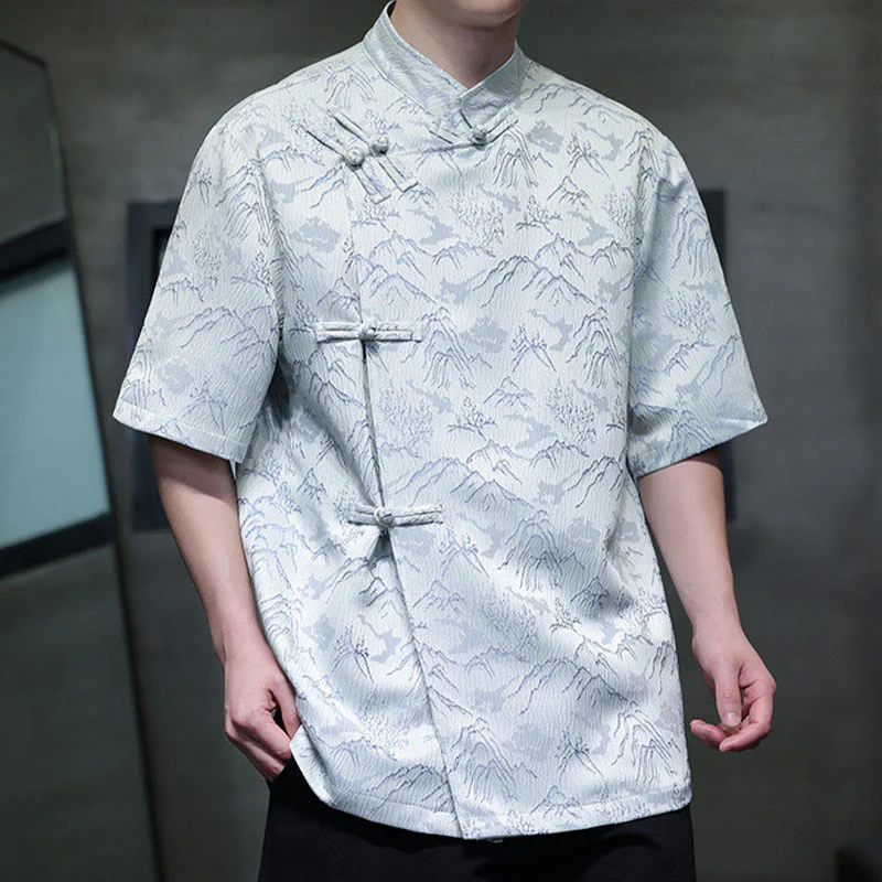 Camicia da uomo a maniche corte in cotone con bottoni cinesi e motivo a rana, motivo Buddha Stones Summer Mountain - Image 10