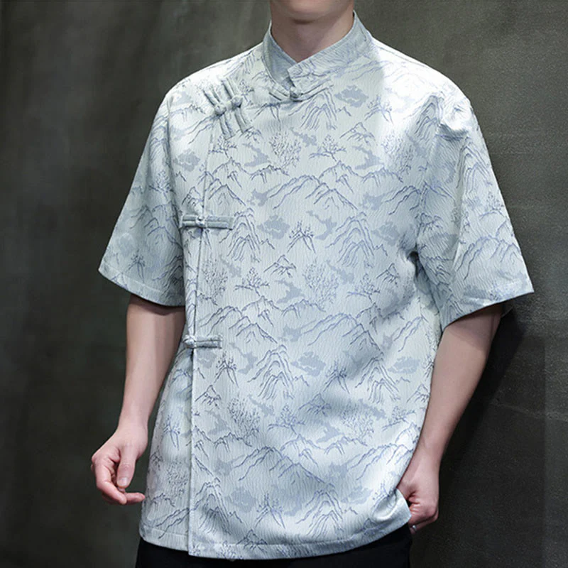 Camicia da uomo a maniche corte in cotone con bottoni cinesi e motivo a rana, motivo Buddha Stones Summer Mountain - Image 11