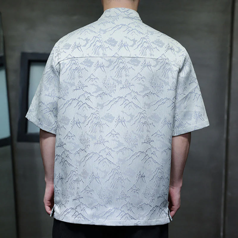 Camicia da uomo a maniche corte in cotone con bottoni cinesi e motivo a rana, motivo Buddha Stones Summer Mountain - Image 12