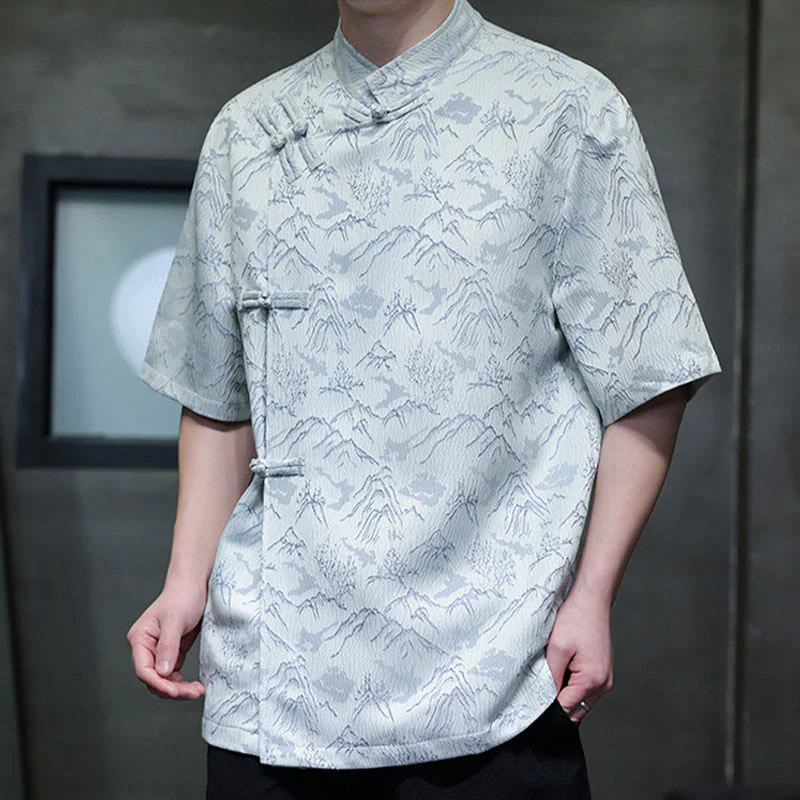 Camicia da uomo a maniche corte in cotone con bottoni cinesi e motivo a rana, motivo Buddha Stones Summer Mountain - Image 13