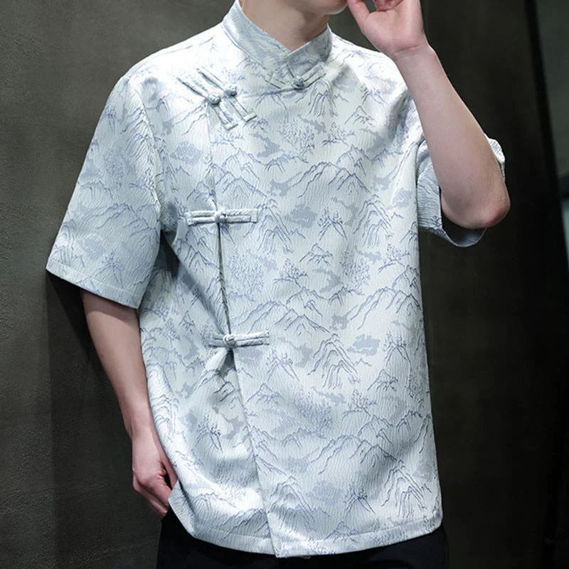 Camicia da uomo a maniche corte in cotone con bottoni cinesi e motivo a rana, motivo Buddha Stones Summer Mountain - Image 14