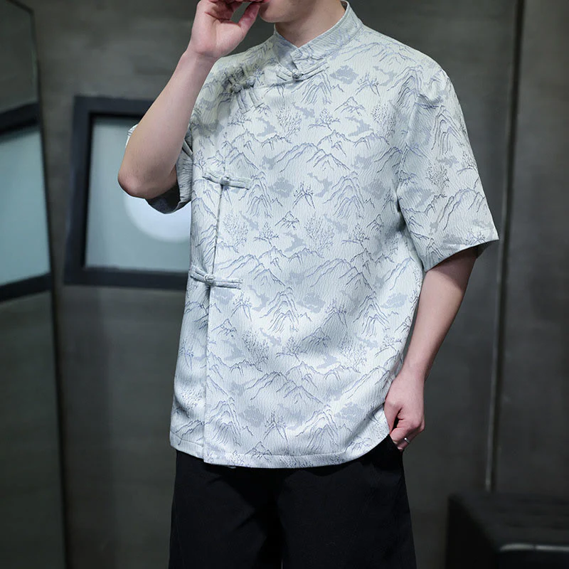 Camicia da uomo a maniche corte in cotone con bottoni cinesi e motivo a rana, motivo Buddha Stones Summer Mountain - Image 16