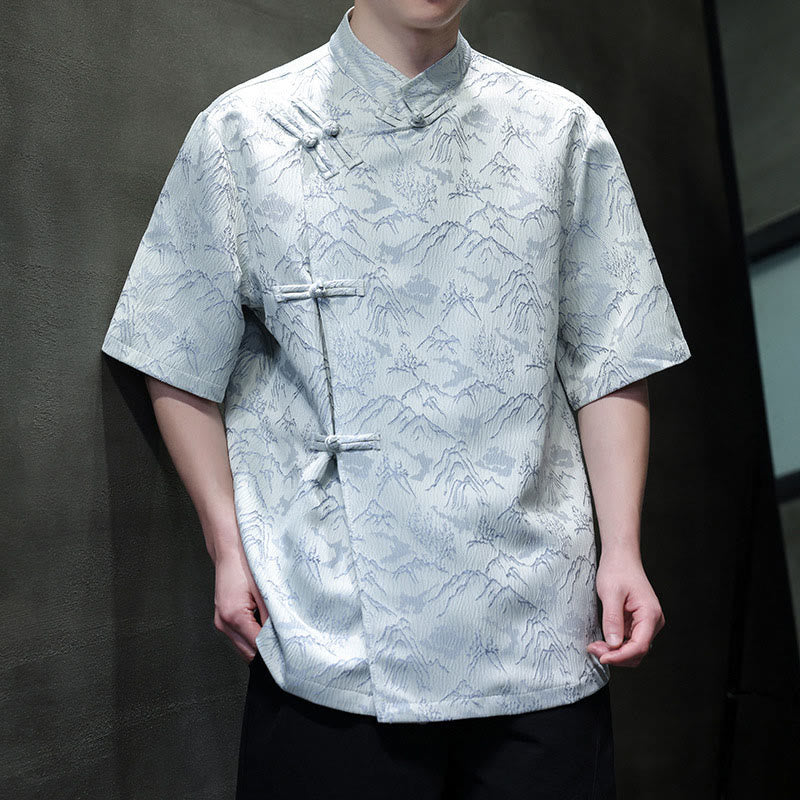 Camicia da uomo a maniche corte in cotone con bottoni cinesi e motivo a rana, motivo Buddha Stones Summer Mountain - Image 17
