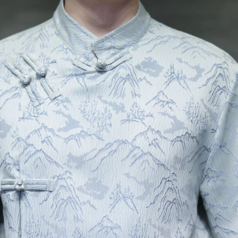 Camicia da uomo a maniche corte in cotone con bottoni cinesi e motivo a rana, motivo Buddha Stones Summer Mountain - Image 19