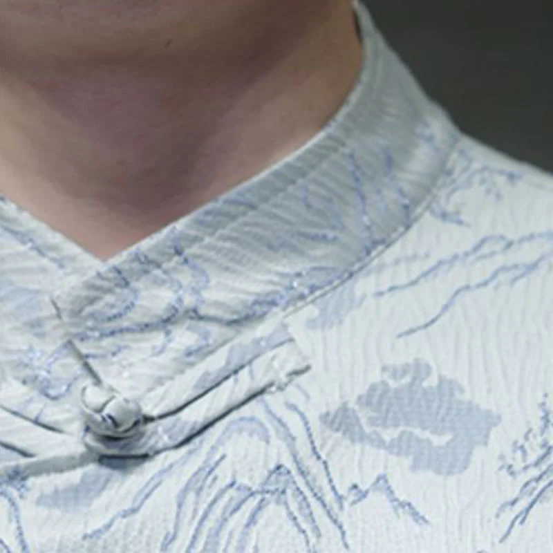 Camicia da uomo a maniche corte in cotone con bottoni cinesi e motivo a rana, motivo Buddha Stones Summer Mountain - Image 20