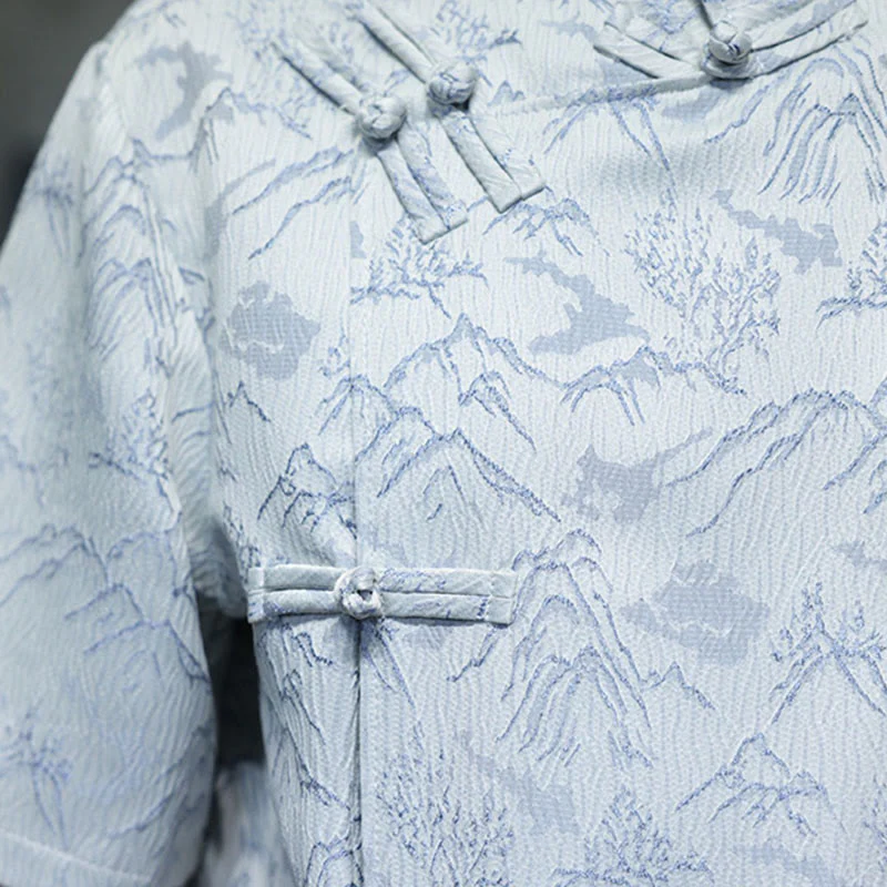 Camicia da uomo a maniche corte in cotone con bottoni cinesi e motivo a rana, motivo Buddha Stones Summer Mountain - Image 21