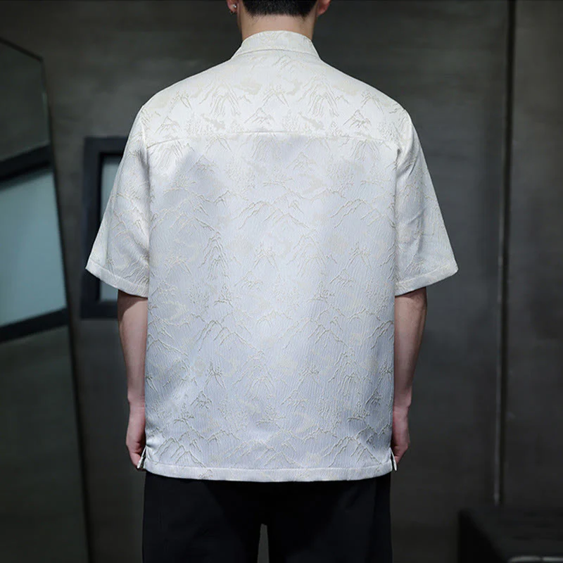 Camicia da uomo a maniche corte in cotone con bottoni cinesi e motivo a rana, motivo Buddha Stones Summer Mountain - Image 4