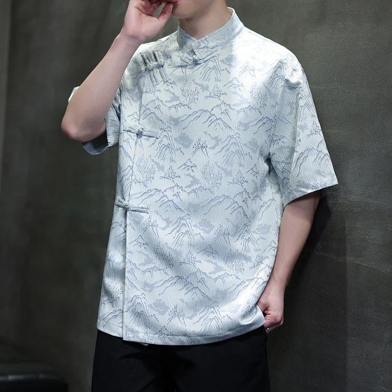 Camicia da uomo a maniche corte in cotone con bottoni cinesi e motivo a rana, motivo Buddha Stones Summer Mountain - Image 8