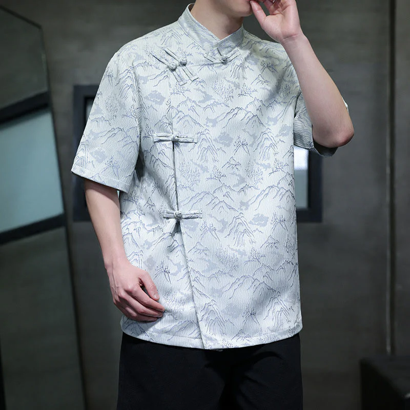Camicia da uomo a maniche corte in cotone con bottoni cinesi e motivo a rana, motivo Buddha Stones Summer Mountain - Image 9