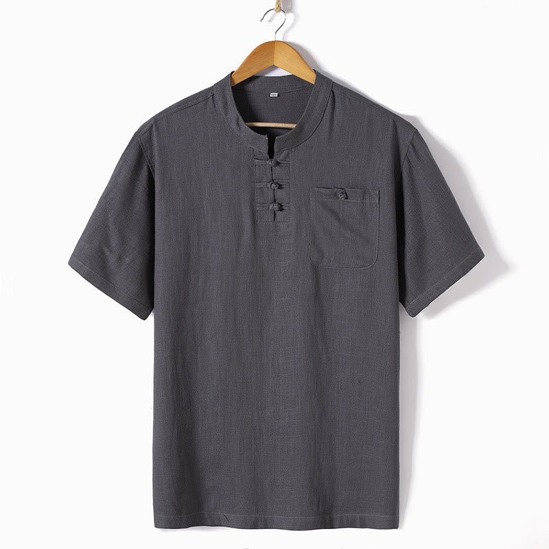 Camicia da uomo ampia Buddha Stones , tinta unita, collo a tacca, manica corta, comoda, traspirante, in cotone e lino - Image 4