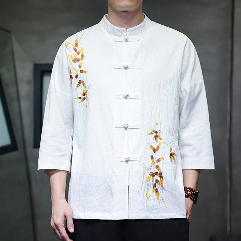 Camicia da uomo con maniche a tre quarti, bottoni cinesi a forma di rana e ricamo Buddha Stones - Image 10