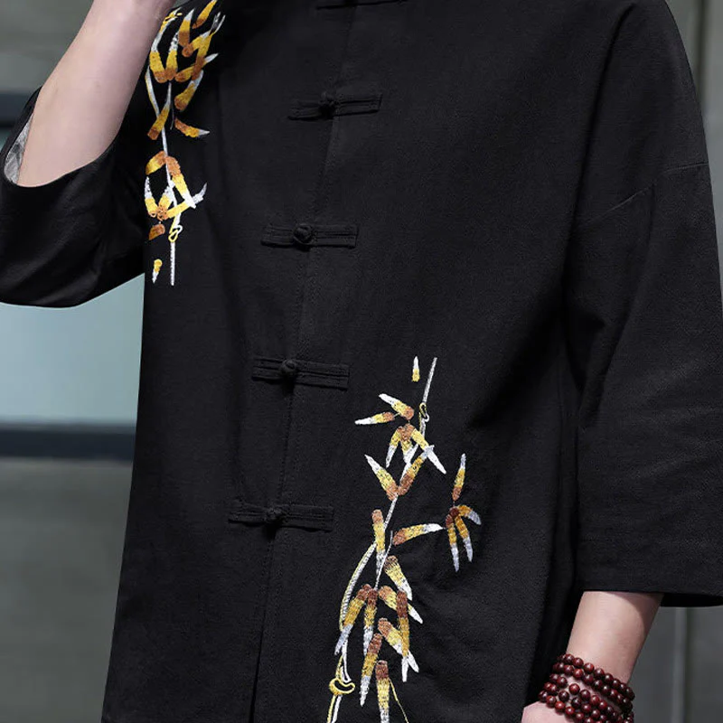 Camicia da uomo con maniche a tre quarti, bottoni cinesi a forma di rana e ricamo Buddha Stones - Image 6