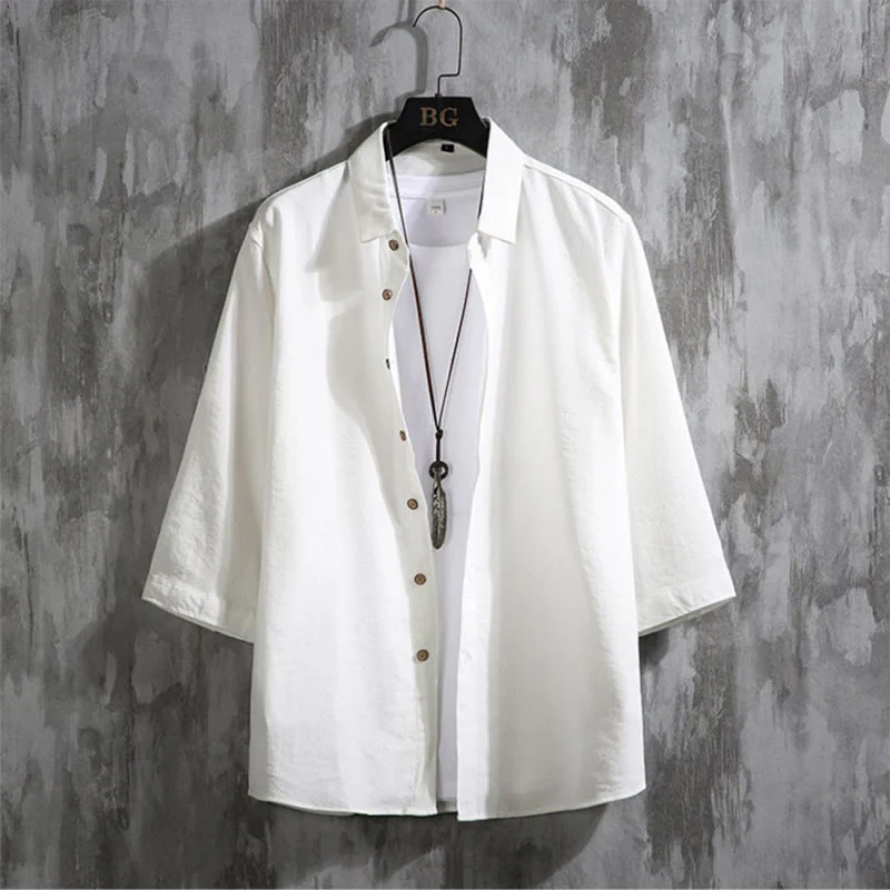 Camicia da uomo con maniche a tre quarti e bottoni frontali casual in tinta unita Buddha Stones