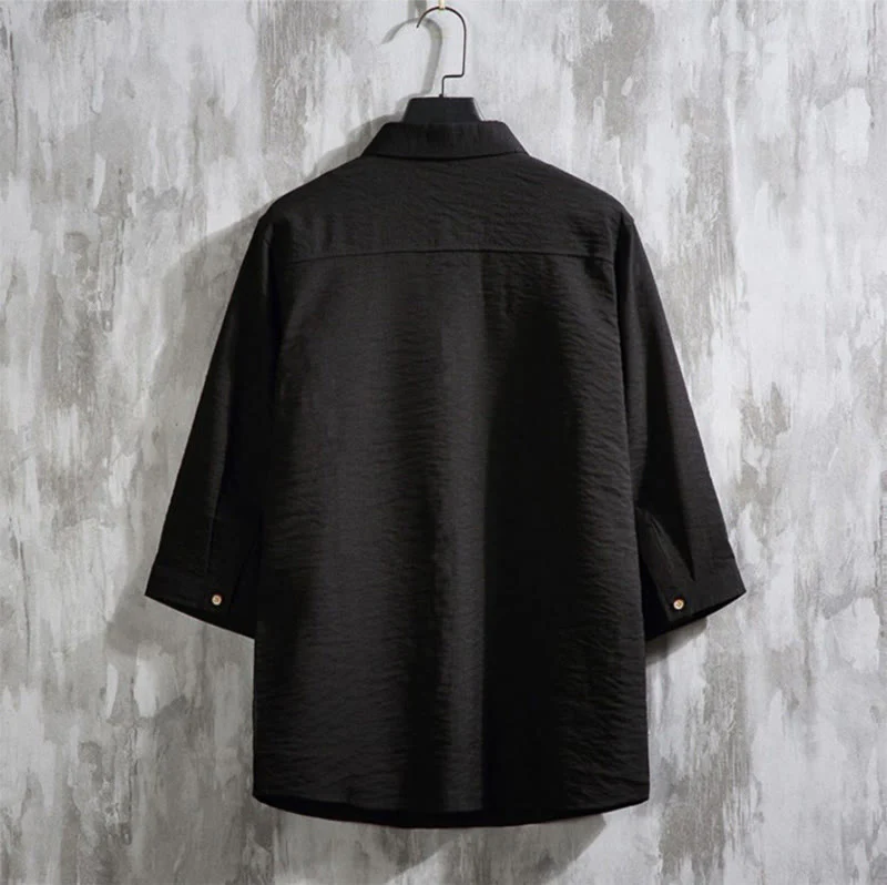 Camicia da uomo con maniche a tre quarti e bottoni frontali casual in tinta unita Buddha Stones - Image 13