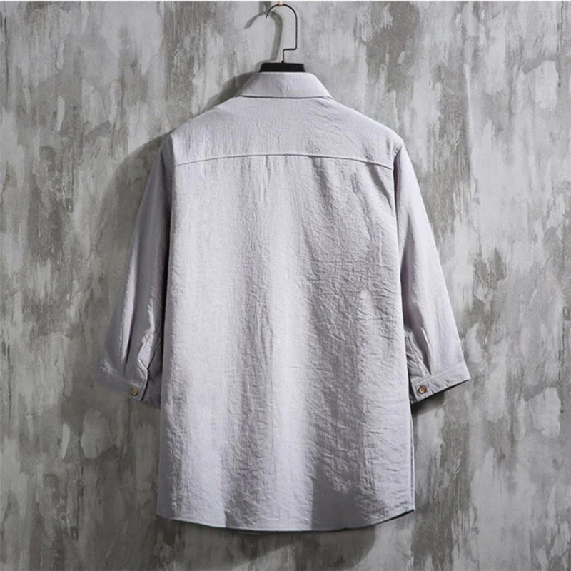 Camicia da uomo con maniche a tre quarti e bottoni frontali casual in tinta unita Buddha Stones - Image 15