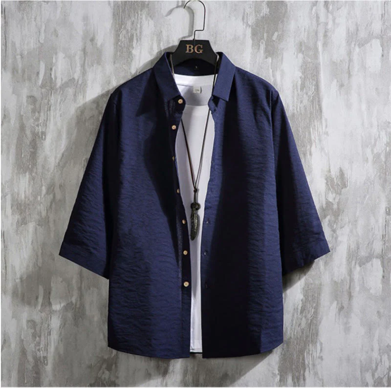 Camicia da uomo con maniche a tre quarti e bottoni frontali casual in tinta unita Buddha Stones - Image 16