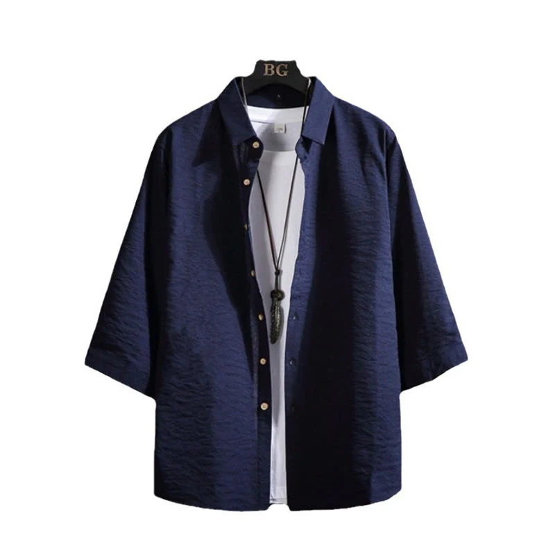 Camicia da uomo con maniche a tre quarti e bottoni frontali casual in tinta unita Buddha Stones - Image 18