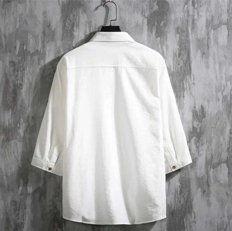 Camicia da uomo con maniche a tre quarti e bottoni frontali casual in tinta unita Buddha Stones - Image 2