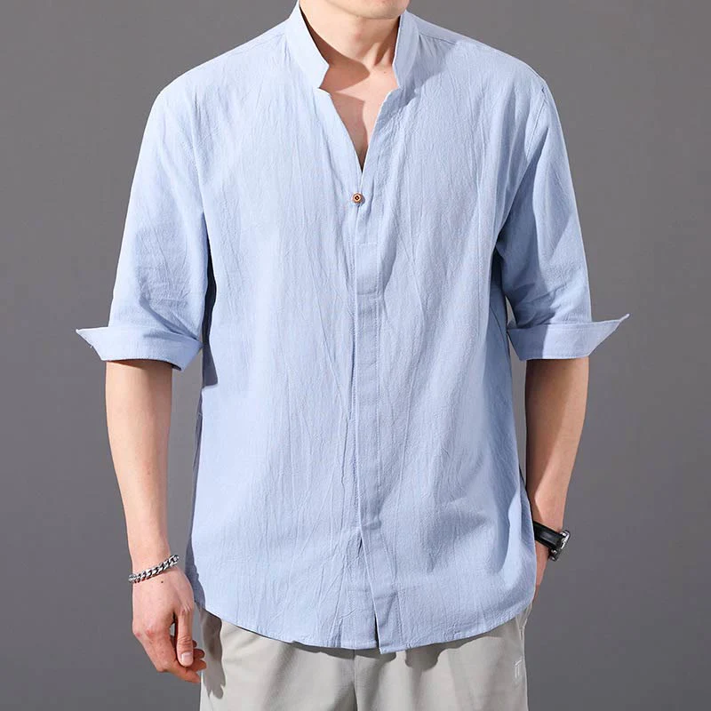 Camicia da uomo estiva Buddha Stones con maniche corte e bottoni in cotone