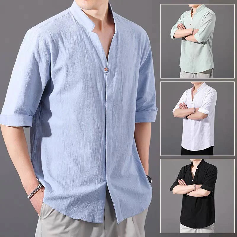 Camicia da uomo estiva Buddha Stones con maniche corte e bottoni in cotone - Image 4