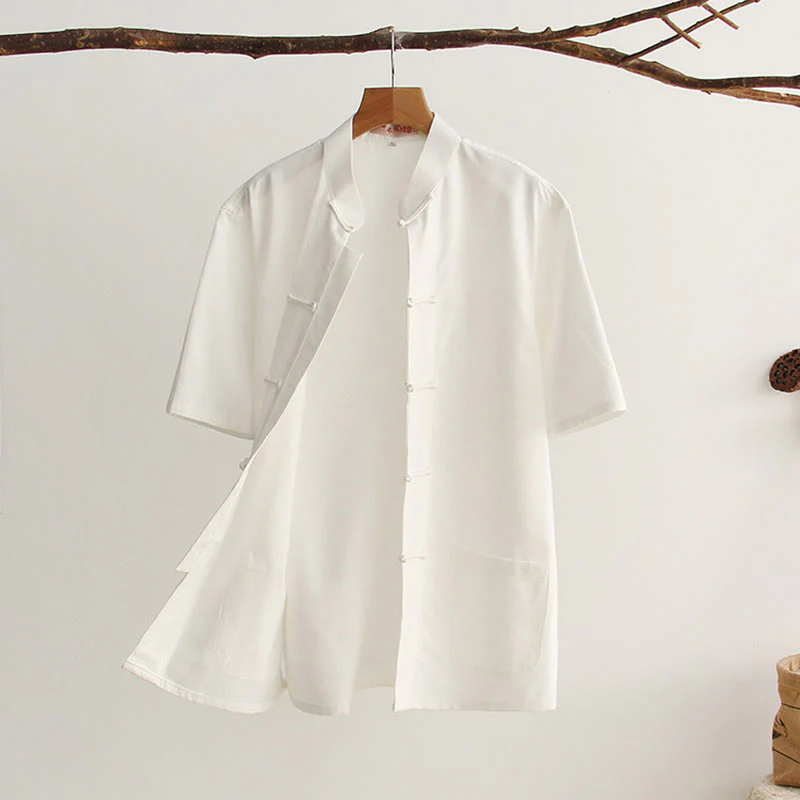 Camicia da uomo in cotone a maniche corte con bottoni a forma di rana cinese Buddha Stones Tang Suit con tasche