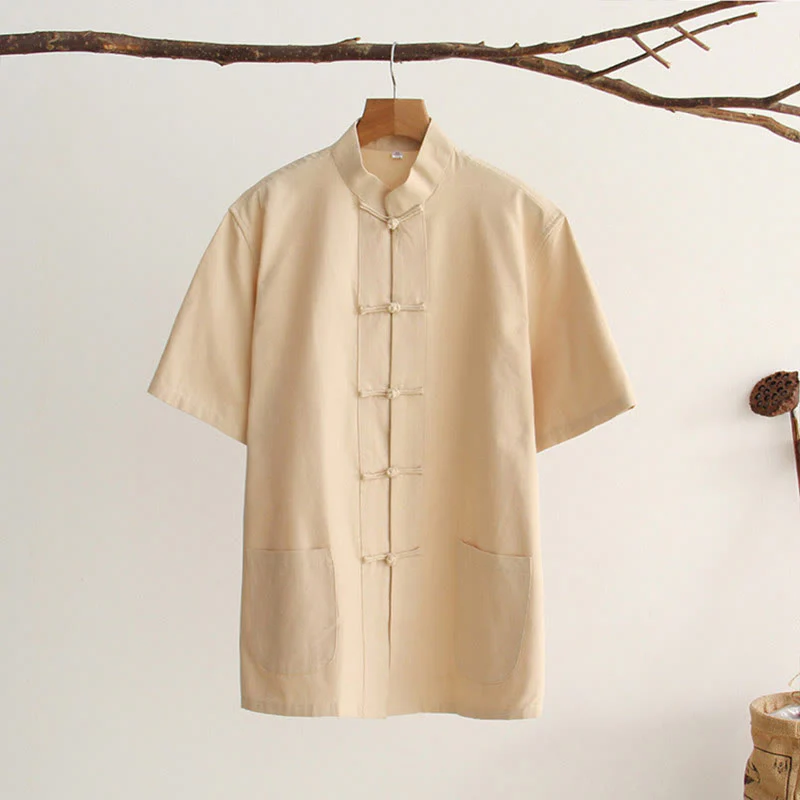 Camicia da uomo in cotone a maniche corte con bottoni a forma di rana cinese Buddha Stones Tang Suit con tasche - Image 11