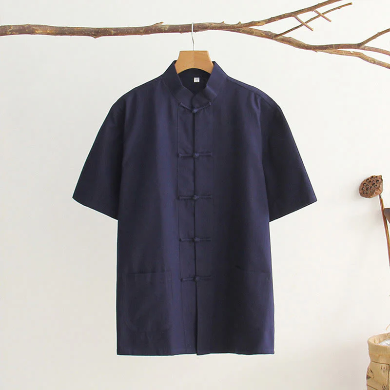 Camicia da uomo in cotone a maniche corte con bottoni a forma di rana cinese Buddha Stones Tang Suit con tasche - Image 13