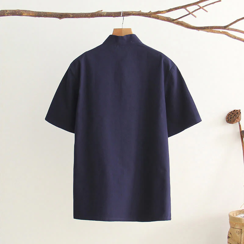 Camicia da uomo in cotone a maniche corte con bottoni a forma di rana cinese Buddha Stones Tang Suit con tasche - Image 14