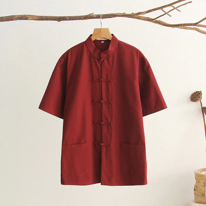 Camicia da uomo in cotone a maniche corte con bottoni a forma di rana cinese Buddha Stones Tang Suit con tasche - Image 17