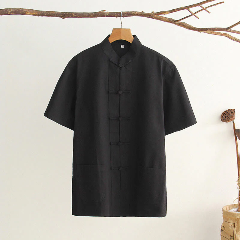 Camicia da uomo in cotone a maniche corte con bottoni a forma di rana cinese Buddha Stones Tang Suit con tasche - Image 19