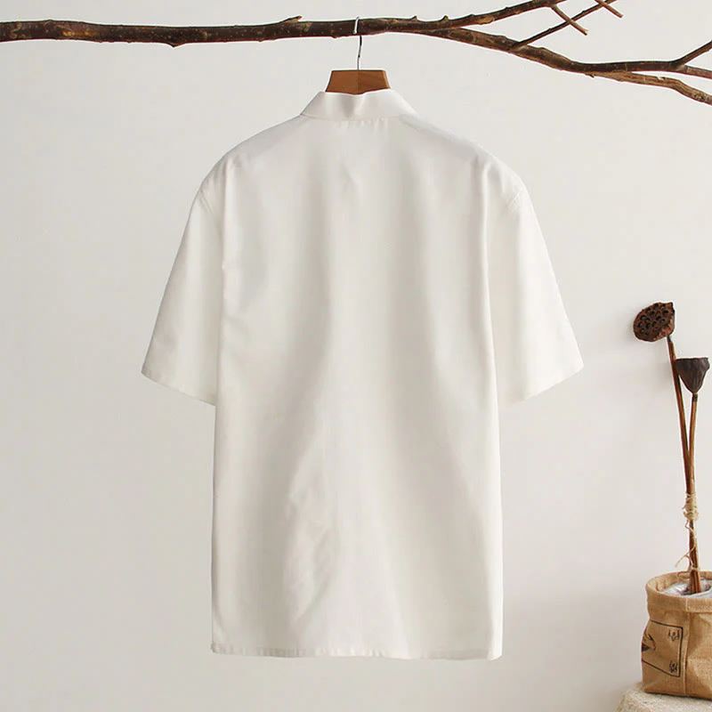 Camicia da uomo in cotone a maniche corte con bottoni a forma di rana cinese Buddha Stones Tang Suit con tasche - Image 2