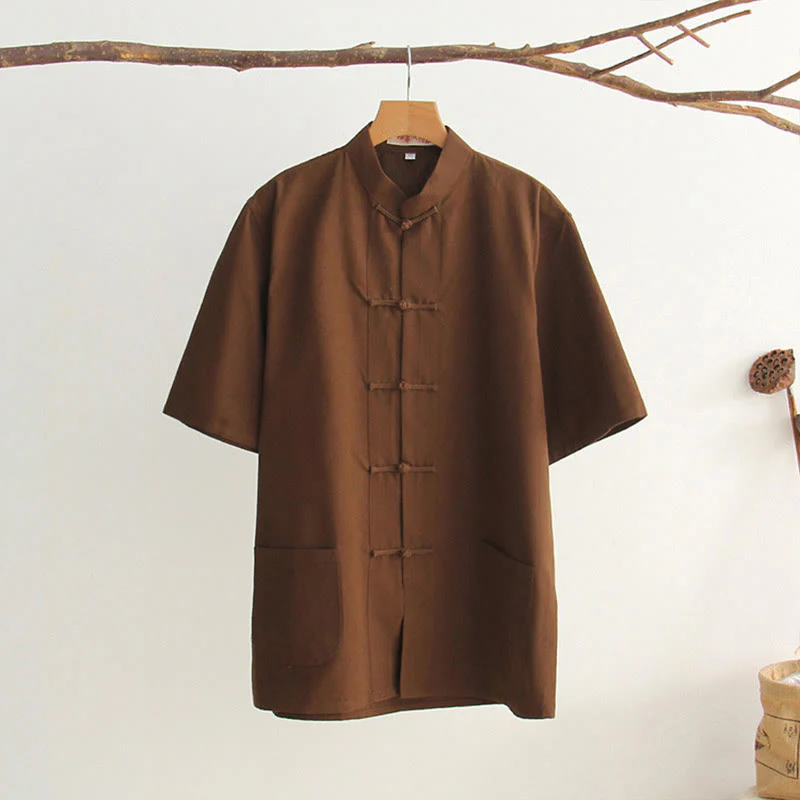 Camicia da uomo in cotone a maniche corte con bottoni a forma di rana cinese Buddha Stones Tang Suit con tasche - Image 23
