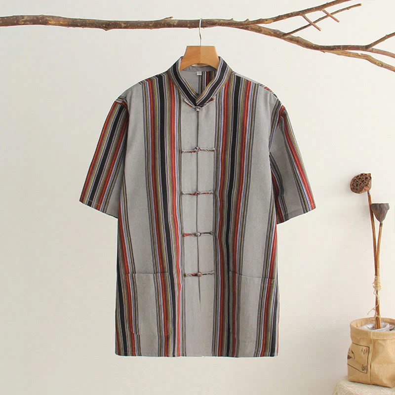 Camicia da uomo in cotone a maniche corte con bottoni a forma di rana cinese Buddha Stones Tang Suit con tasche - Image 25