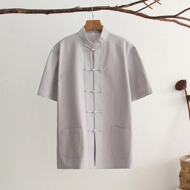 Camicia da uomo in cotone a maniche corte con bottoni a forma di rana cinese Buddha Stones Tang Suit con tasche - Image 9