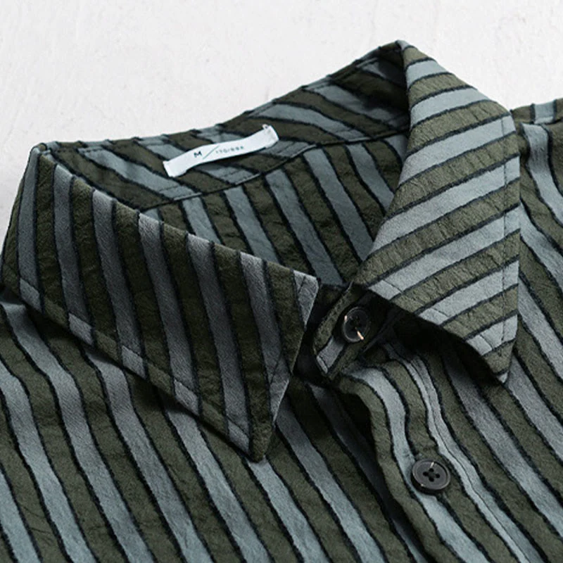 Camicia da uomo in cotone a maniche lunghe con colletto rialzato, a righe, con bottoni, stile vintage Buddha Stones - Image 3