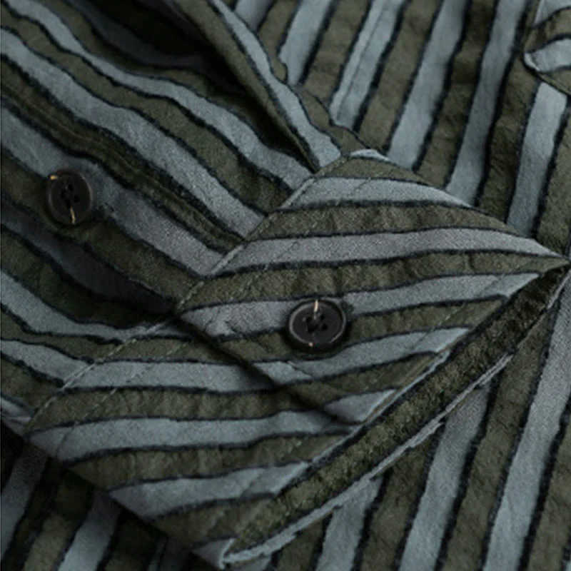 Camicia da uomo in cotone a maniche lunghe con colletto rialzato, a righe, con bottoni, stile vintage Buddha Stones - Image 7