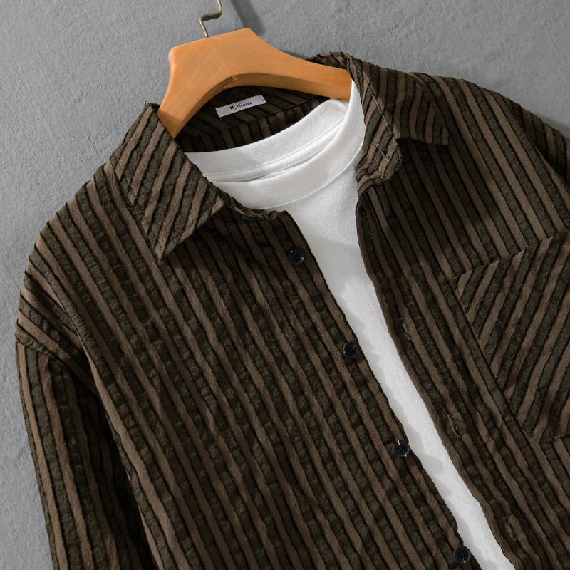 Camicia da uomo in cotone a maniche lunghe con colletto rialzato, a righe, con bottoni, stile vintage Buddha Stones - Image 9