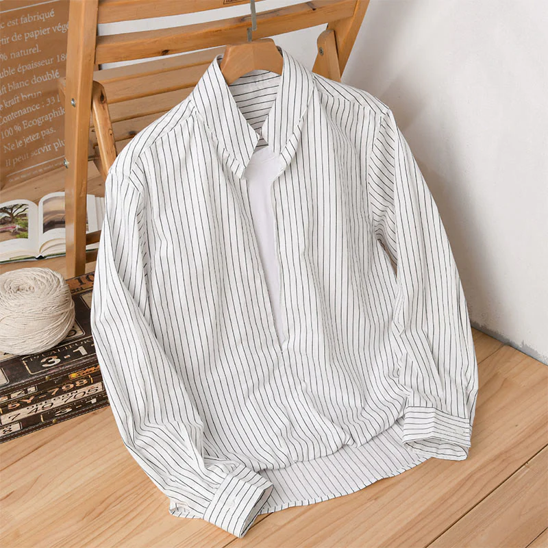 Camicia da uomo in cotone a maniche lunghe con colletto rialzato e righe 2 in 1 Buddha Stones Fall