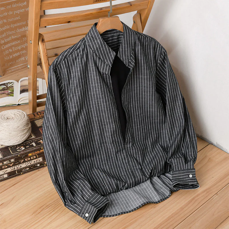 Camicia da uomo in cotone a maniche lunghe con colletto rialzato e righe 2 in 1 Buddha Stones Fall - Image 11