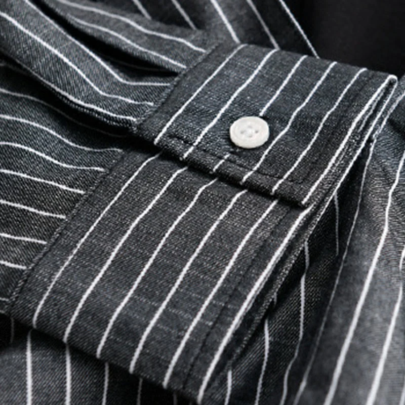 Camicia da uomo in cotone a maniche lunghe con colletto rialzato e righe 2 in 1 Buddha Stones Fall - Image 15