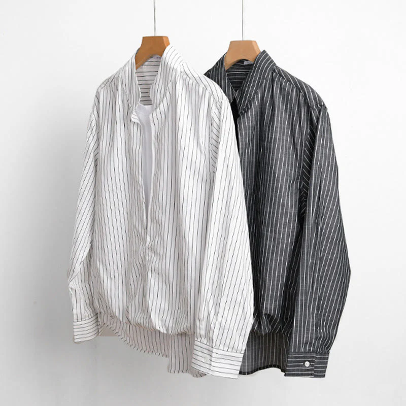 Camicia da uomo in cotone a maniche lunghe con colletto rialzato e righe 2 in 1 Buddha Stones Fall - Image 16