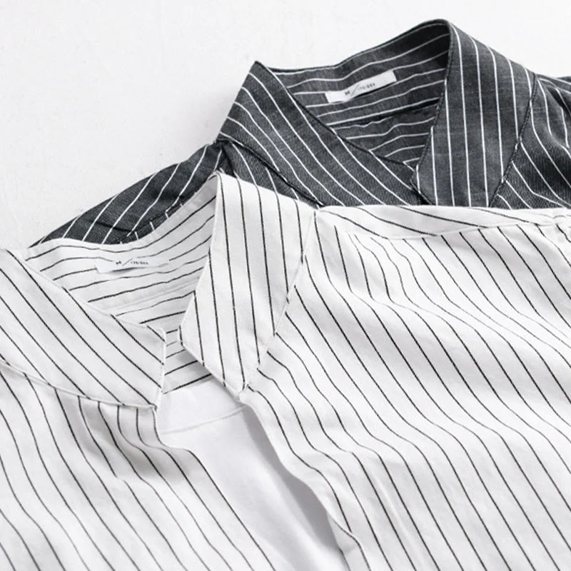 Camicia da uomo in cotone a maniche lunghe con colletto rialzato e righe 2 in 1 Buddha Stones Fall - Image 18