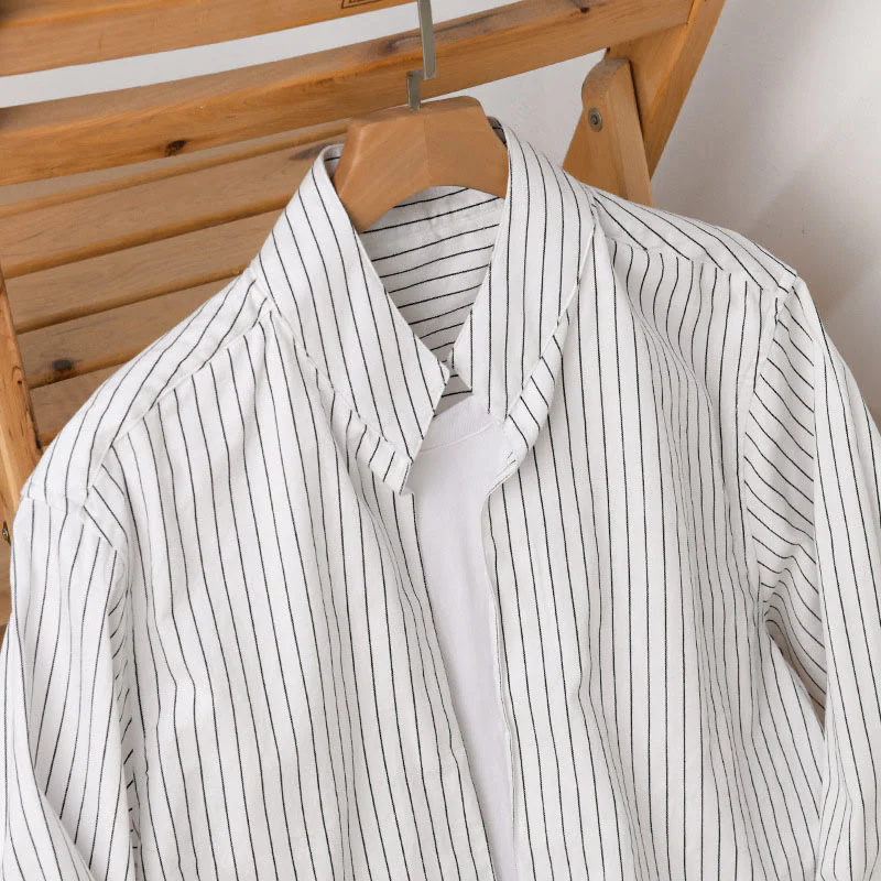 Camicia da uomo in cotone a maniche lunghe con colletto rialzato e righe 2 in 1 Buddha Stones Fall - Image 3