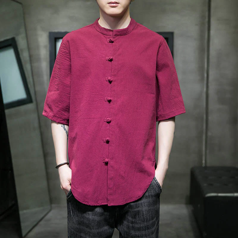 Camicia da uomo in cotone a mezza manica con motivo Buddha Stones, tinta unita - Image 11