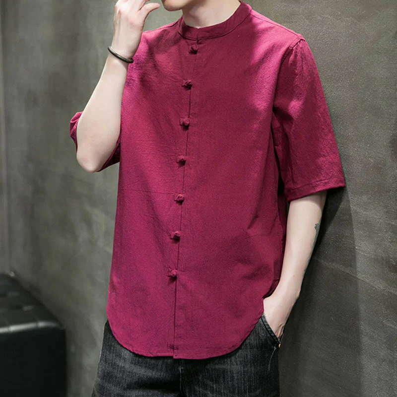 Camicia da uomo in cotone a mezza manica con motivo Buddha Stones, tinta unita - Image 12