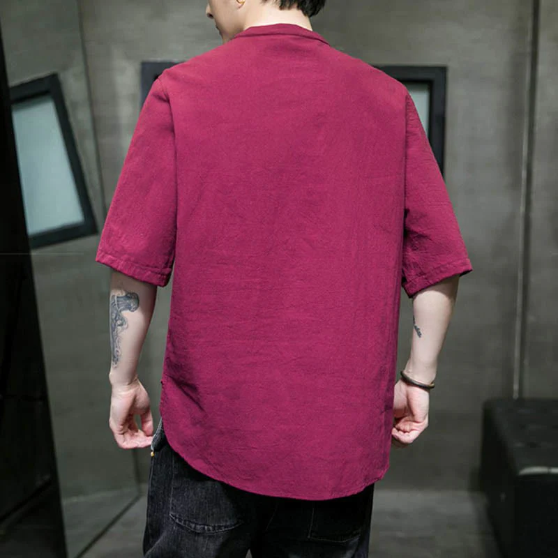 Camicia da uomo in cotone a mezza manica con motivo Buddha Stones, tinta unita - Image 13