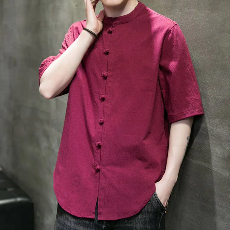Camicia da uomo in cotone a mezza manica con motivo Buddha Stones, tinta unita - Image 14