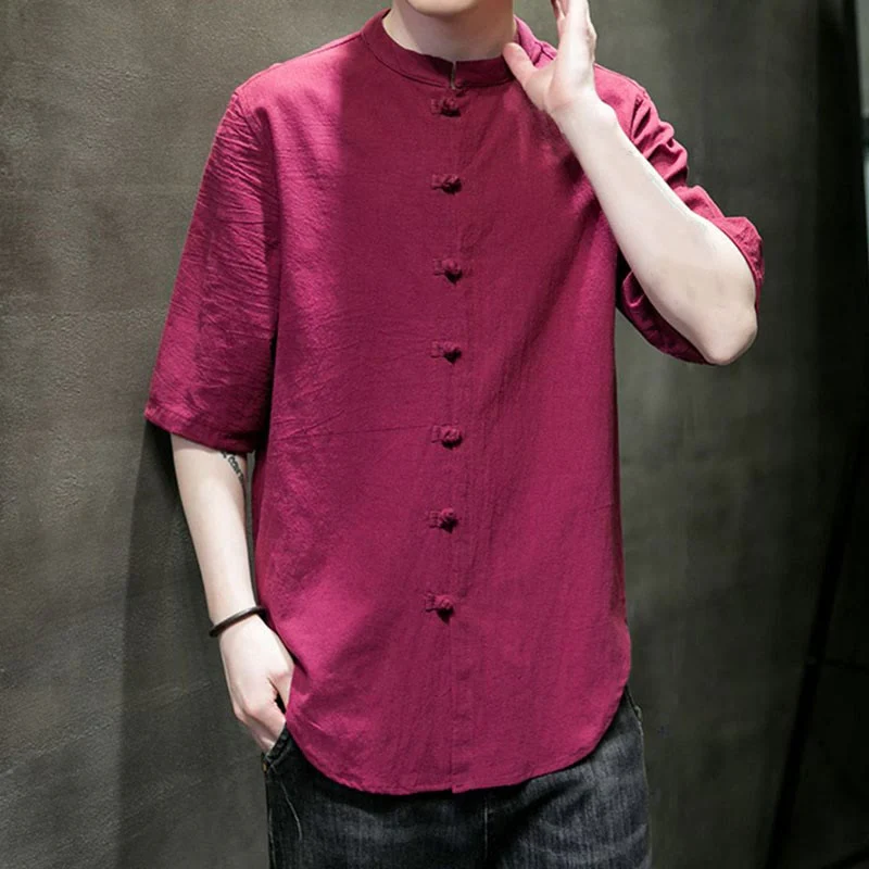 Camicia da uomo in cotone a mezza manica con motivo Buddha Stones, tinta unita - Image 16